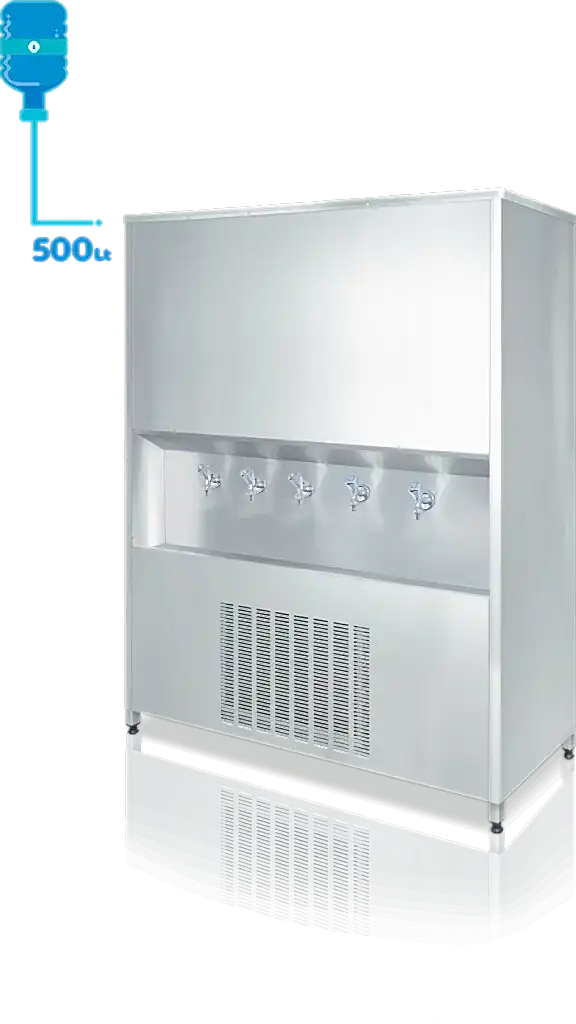 500 litre CR-Ni kaynaklı iç kazanı ve dayanıklı dış yüzeye sahip sanayi tipi su sebili. Standart olarak CR-Ni yalaklı, poliüretan izolasyonlu P.S. kapaklı ve enjeksiyon baskılı poliüretan yalıtımla üretilmiştir, böylece ısı kaybı minimum seviyededir. Şebekeye bağlanabilen veya dökme su ile kullanılabilen şamandıralı sistemle donatılmıştır. Manuel termostat ile su sıcaklığı kolayca kontrol edilebilir. Ayarlanabilir rotil ayak sistemi sayesinde montaj kolaydır. Uzun ömürlü çevirmeli musluk sistemi bulunur. Türkiye genelinde yaygın servis ağına sahip olup, 2 yıl garantilidir. ISO 9001 ve CE belgelerine sahiptir.(sanayi tipi su sebili, Krom iç hazneli sebil, 500lt sebil)